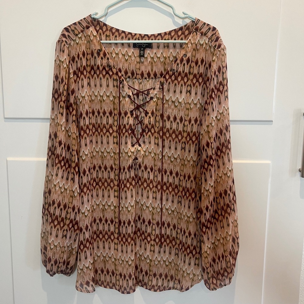 Jessica Simpson 2X Blouse Brown Beige Abstract Print Lace-Up Long Sleeve Sheer